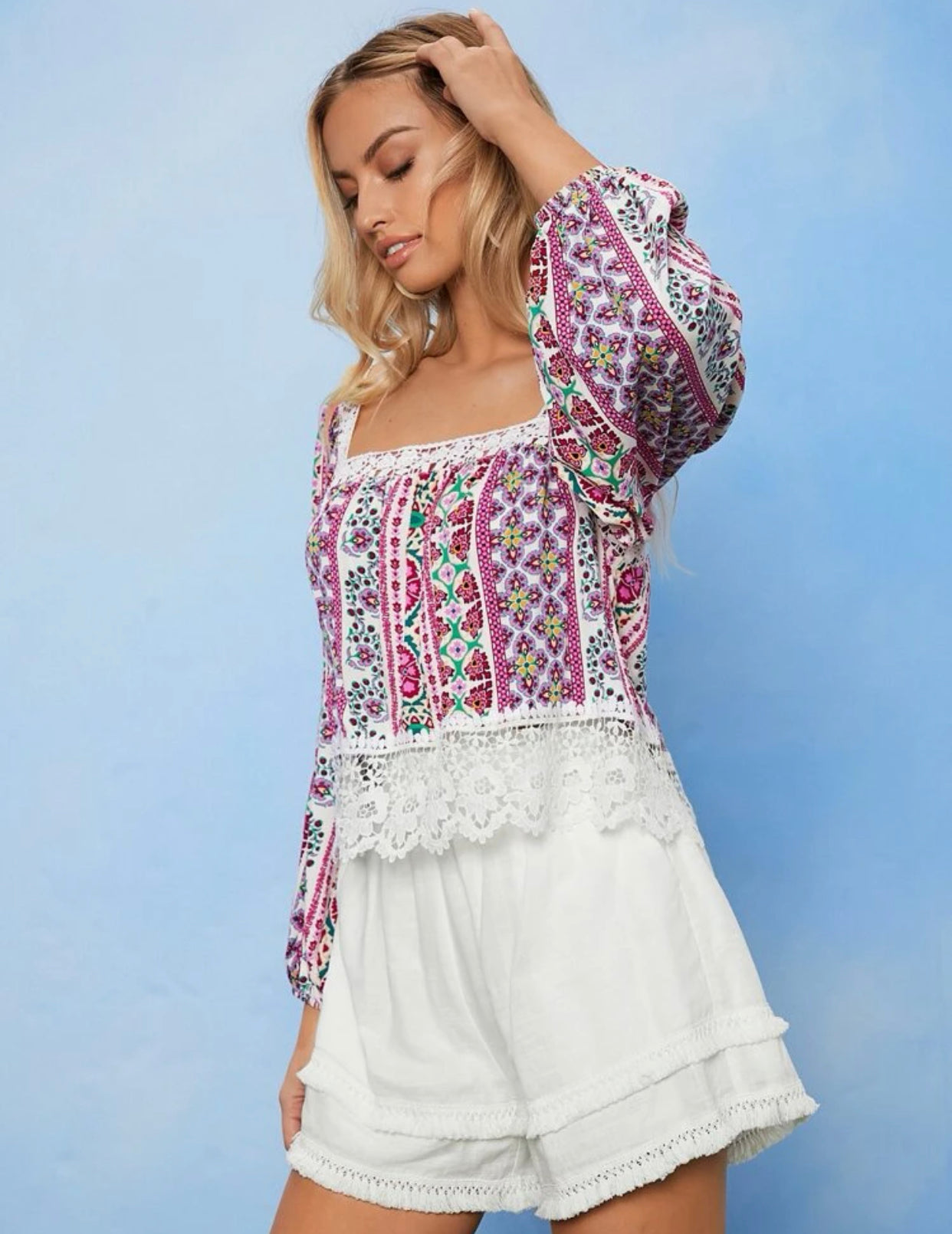 Lantern sleeve guipure lace trim floral print top