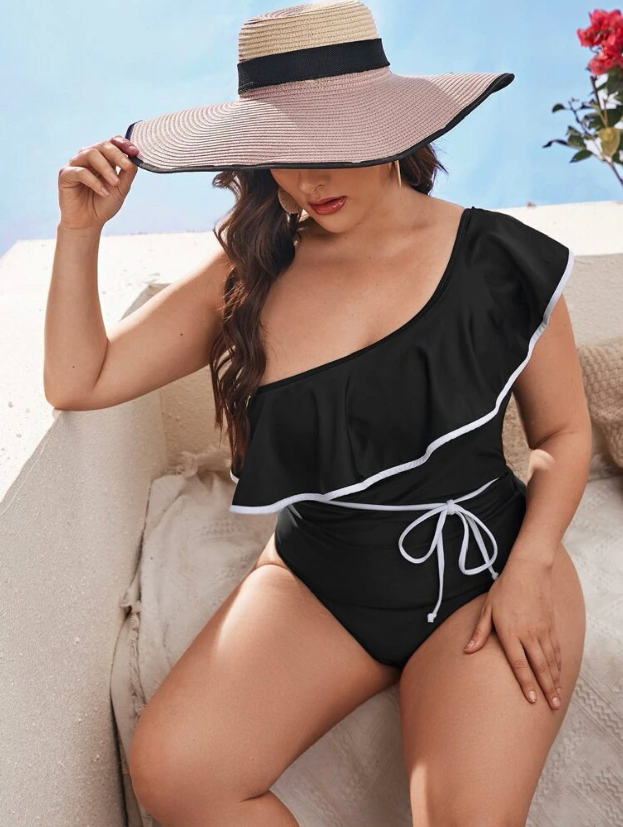 Curve & plus ruffle knot one piece swimsuit