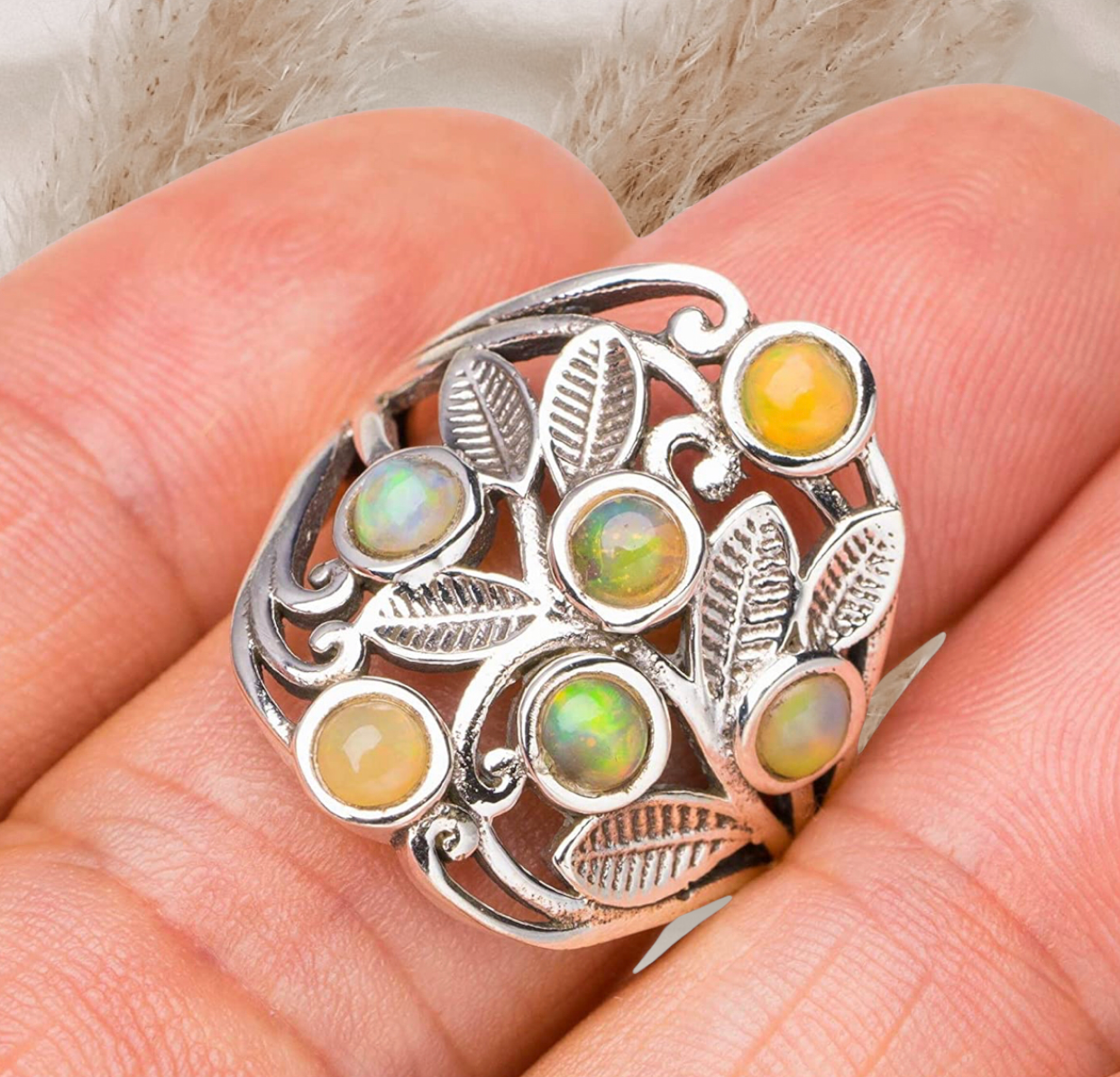 Natural Opal Leaf Handmade 925 Sterling Silver Ring