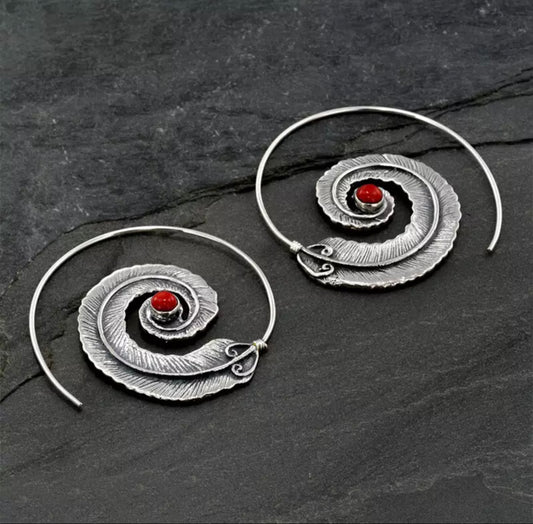 Spiral Red Tibetan Jewelry Whirl Metal Leaf  Loop Hoop Earrings