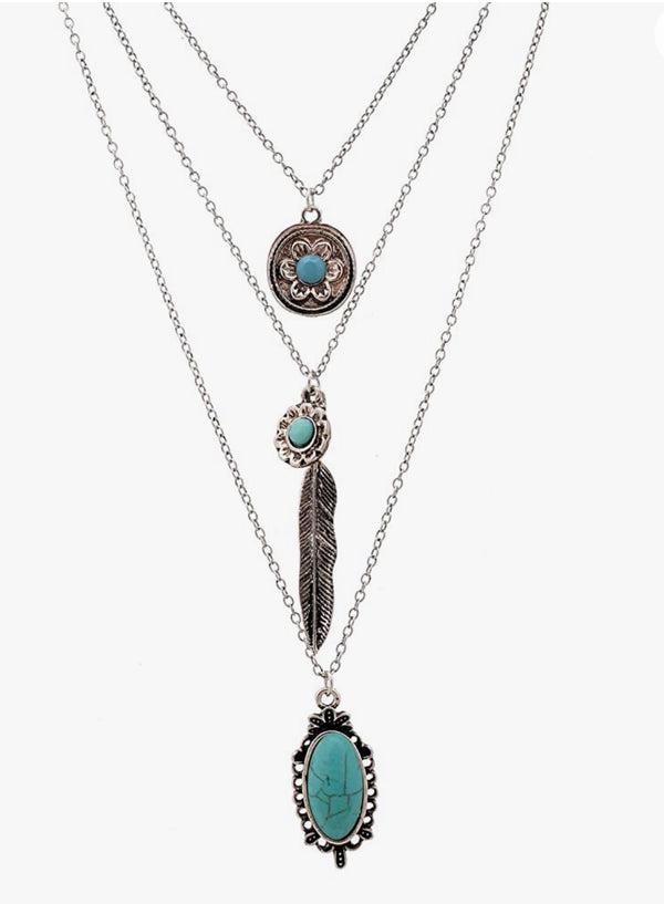 Multi Layered Chain Turquoise Stone Flower Metal Feather Pendant Necklace