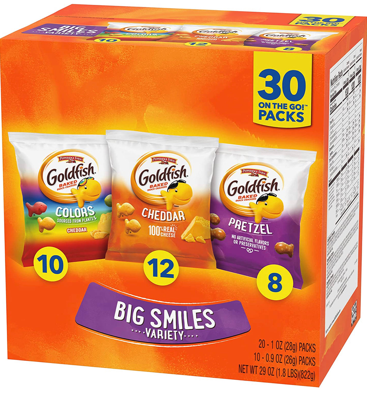 Goldfish Crackers Big Smiles with Cheddar, Colors, and Pretzel Crackers, Snack Packs, 30 CT Variety Pack Box
