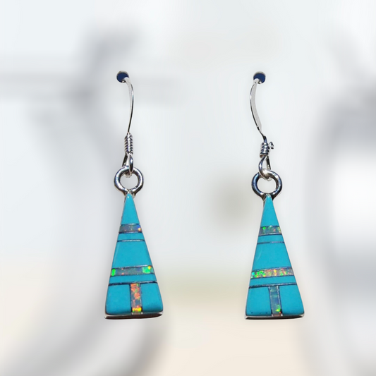 Small Pyramid Shape Handcrafted St. Silver Inlaid Stabilized Turquoise Created Opal Stone Earrings