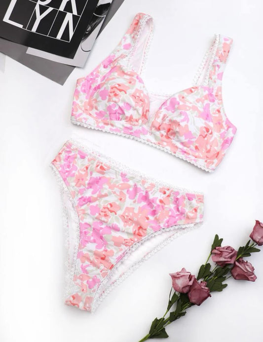 Pink & peach allover print contrast lace bikini swimsuit