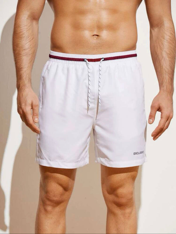 Men’s letter graphic striped trim drawstring waist swim trunks