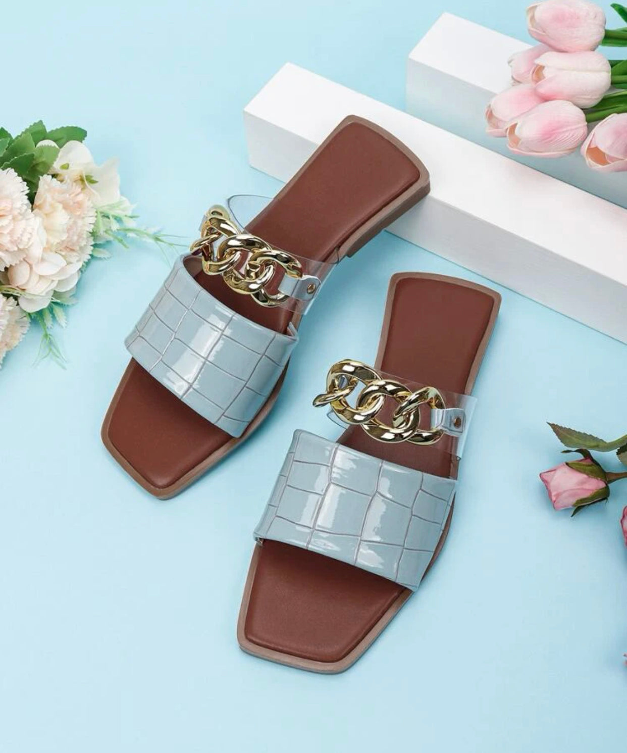 Croc embossed chain decor slide sandals
