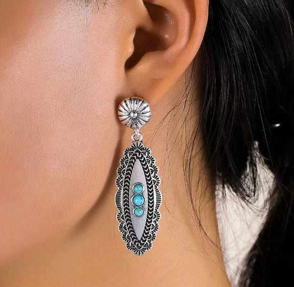 Carved metal turquoise decor drop earrings