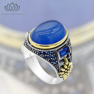 Solid 925 Sterling Silver Ring for Men Onyx Stone Ring Turkish Handmade Agate Silver Luxury Vintage Men's Ring (Blue, 7)
