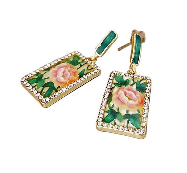 Rose Print Enamel Drop Earrings