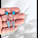 Turquoise and coral decor feather dangle earrings