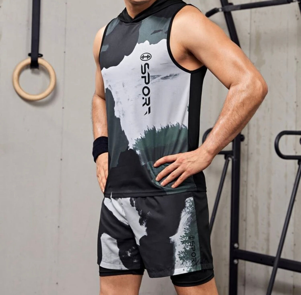 Men’s letter graphic hooded sports tank top with shorts