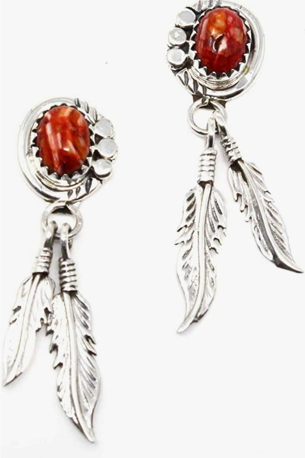 Navajo 925 sterling silver red spiny oyster feather drop earrings