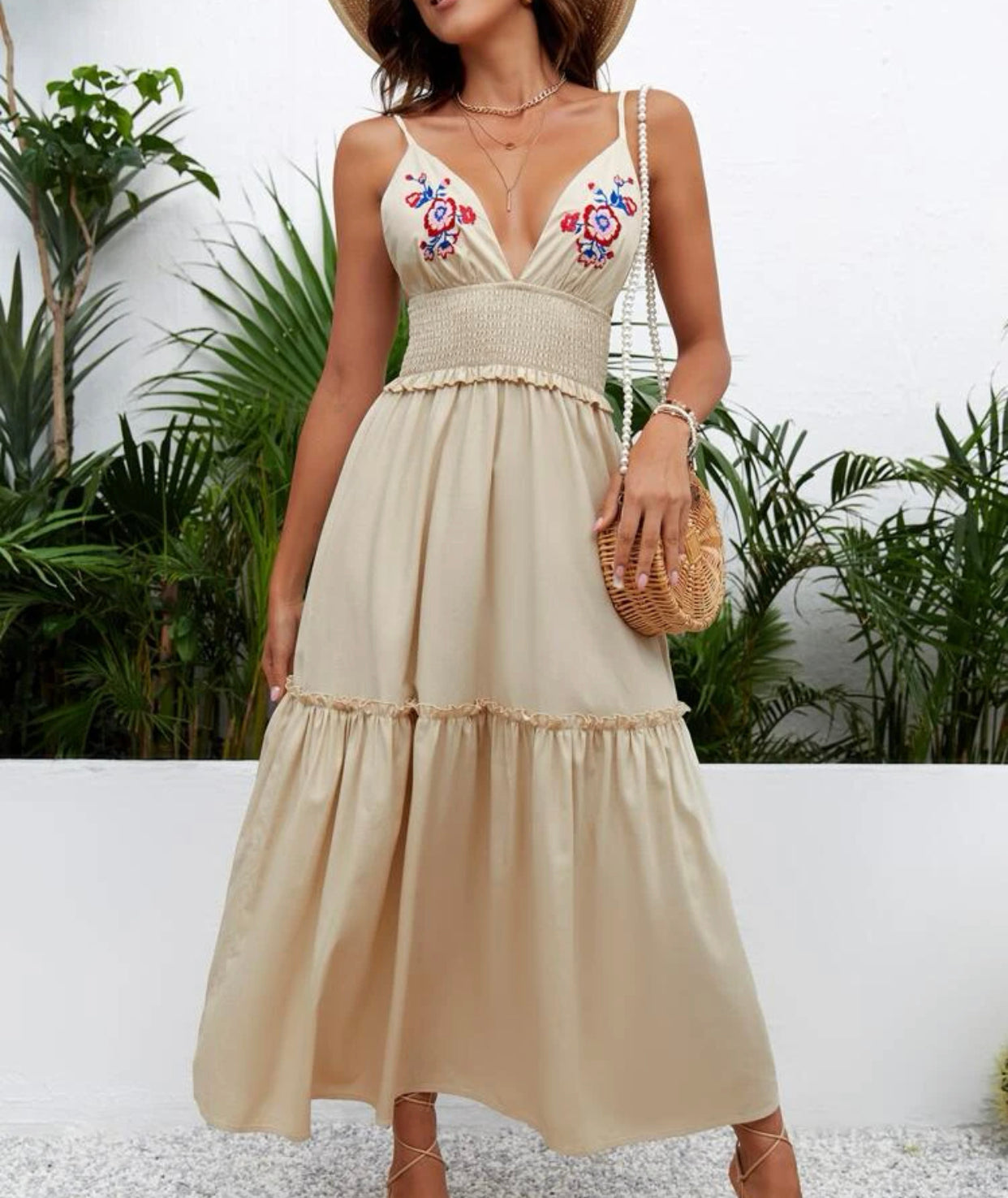 Floral embroidered plunging neckline shirred waist ruffle hem cami dress