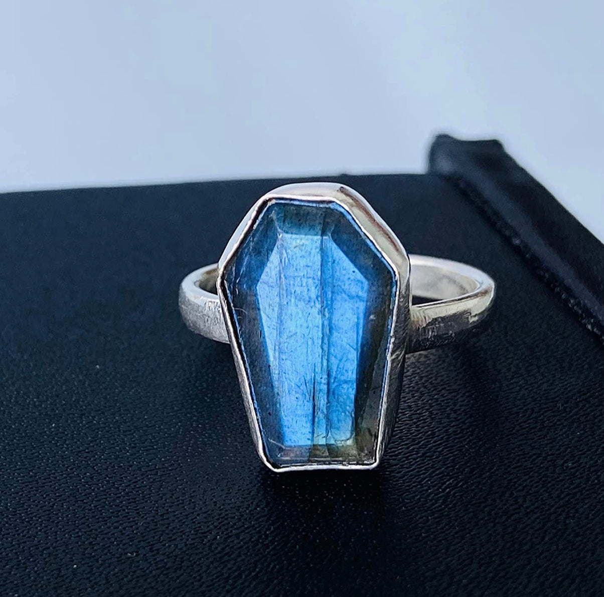 Labradorite Coffin Ring, Natural Multi Fire Gemstone Healing Crystal Jewelry, Adjustable Ring, Dainty Women Bezel Ring