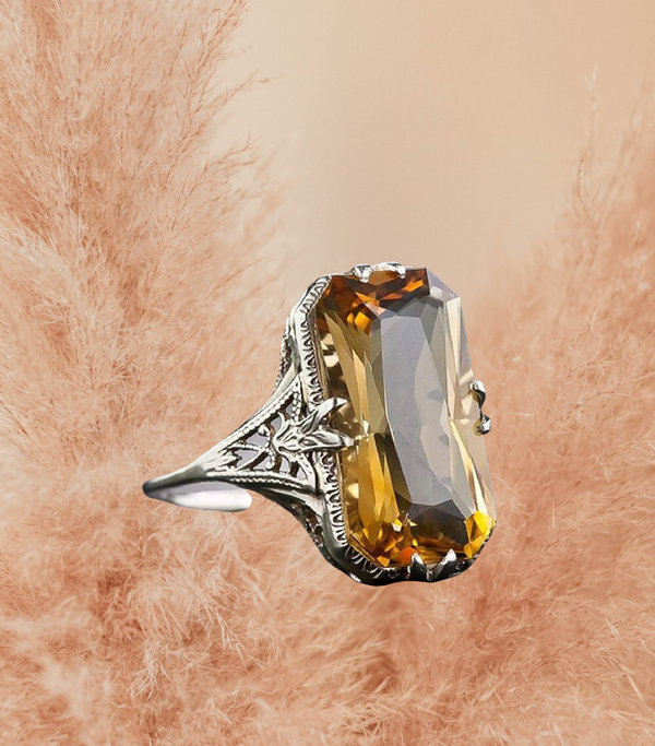 Women 925 Sliver Ring Amazing Antique Large Untreated Citrine 14K Yellow Gold Engraved Ring Luxury Citrine