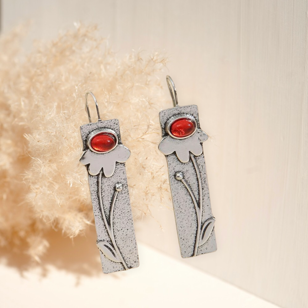 Red flower engraved design earrings