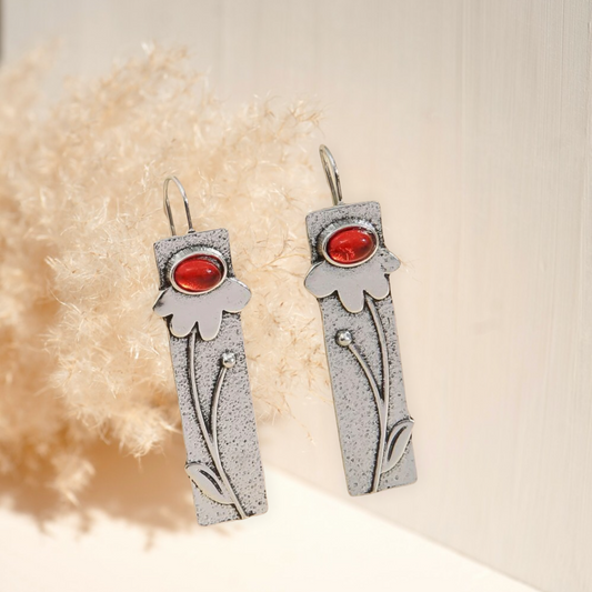 Red flower engraved design earrings