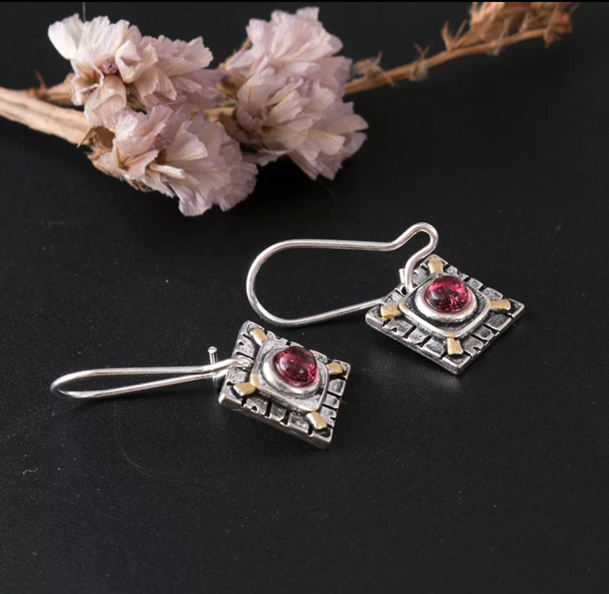 Vintage inspired pink gemstone two tone drop earrings