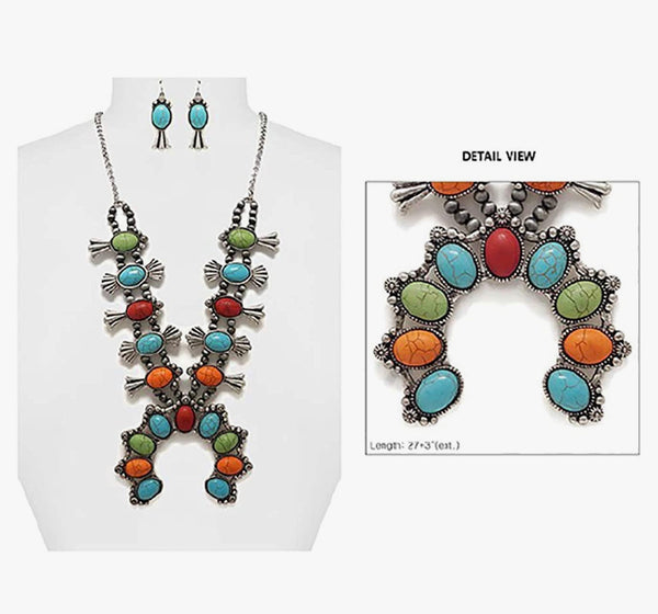 Women's Statement Western multicolor squash blossom necklace and earring set