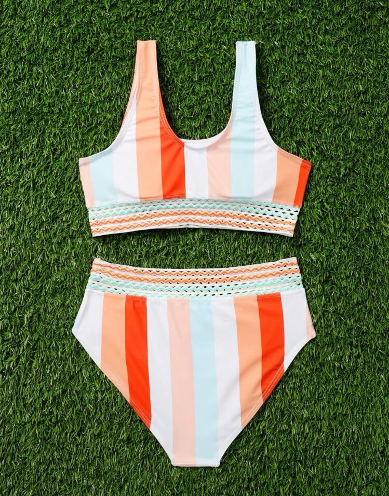 Girls Striped Mesh Trim Bikini Swimsuit
