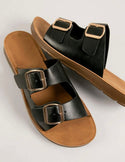 Black vegan leather dual buckle wide fit slide sandals