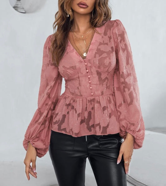 Women’s Redwood chiffon bishop sleeve peplum blouse