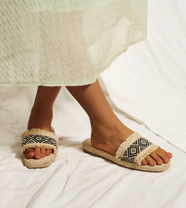 Geo graphic fringe detail slide sandals