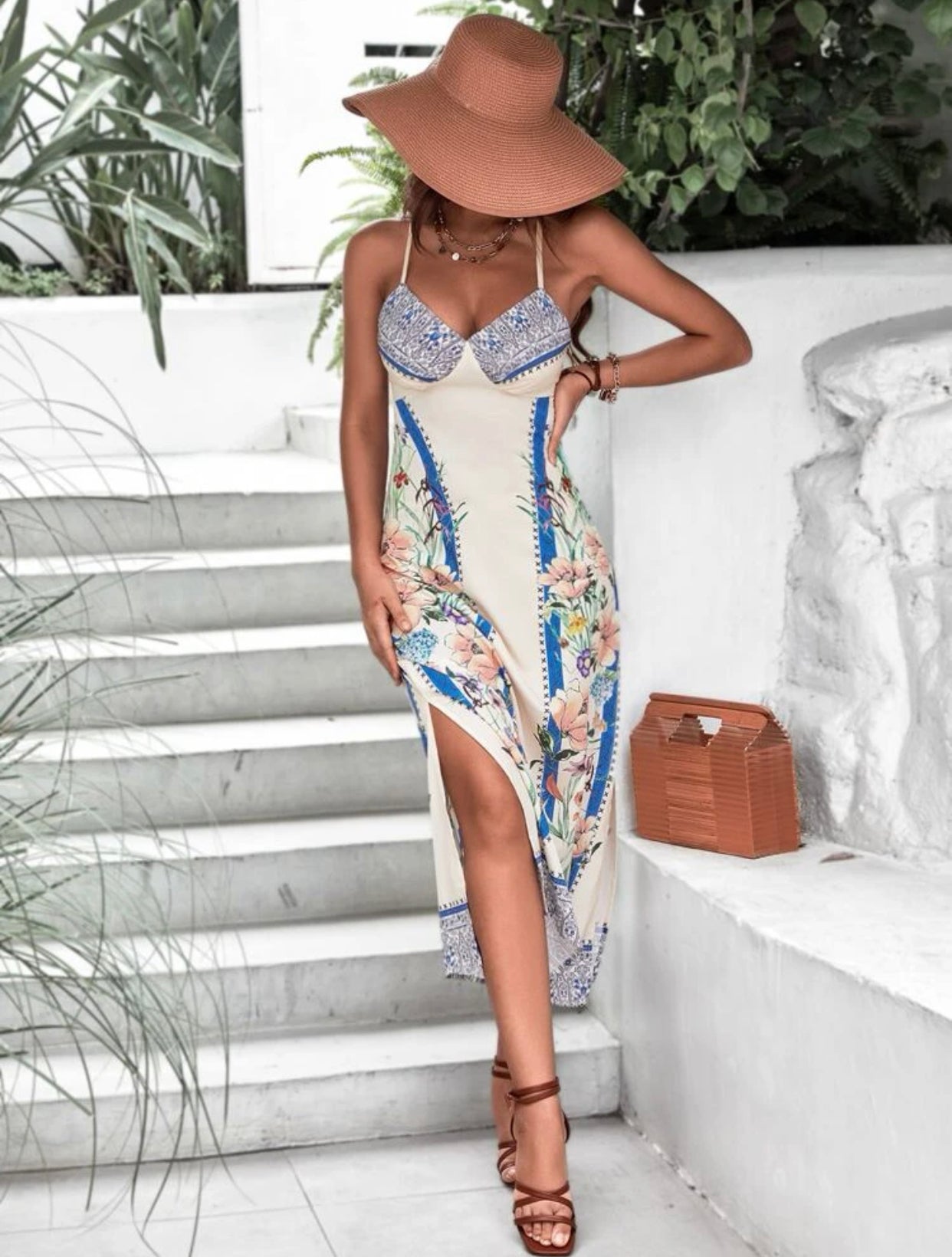 Floral print lace up cami dress