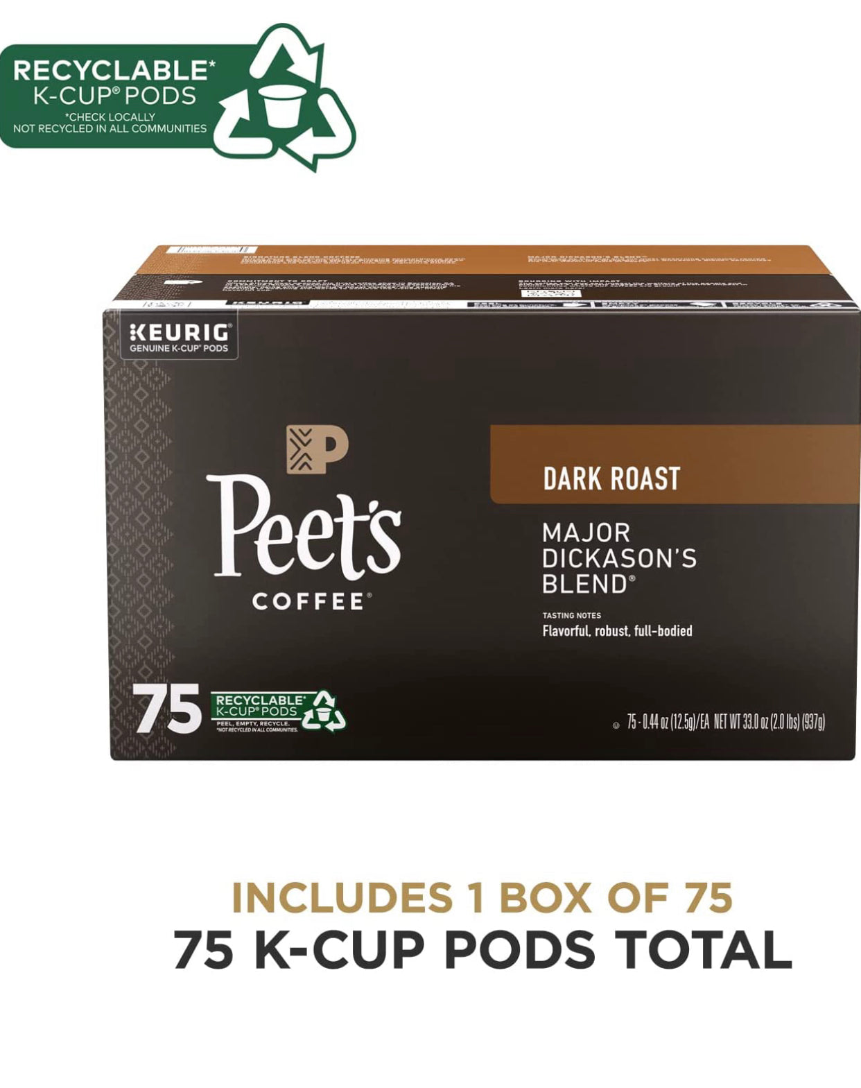 Peet's Coffee, Dark Roast K-Cup Pods for Keurig Brewers - Major Dickason's Blend 75 Count (1 Box of 75 K-Cup Pods) Packaging May Vary