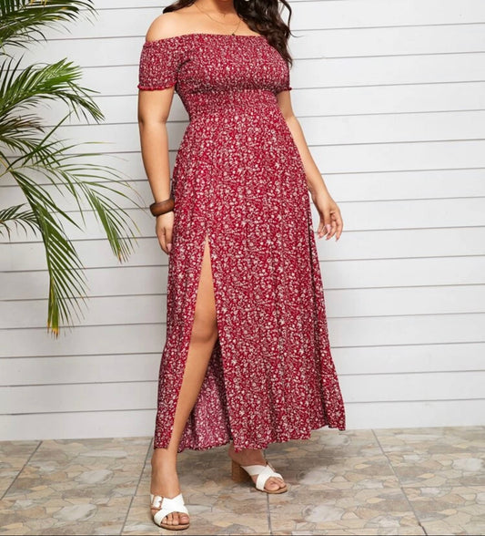 Curve and plus off shoulder split floral dress
