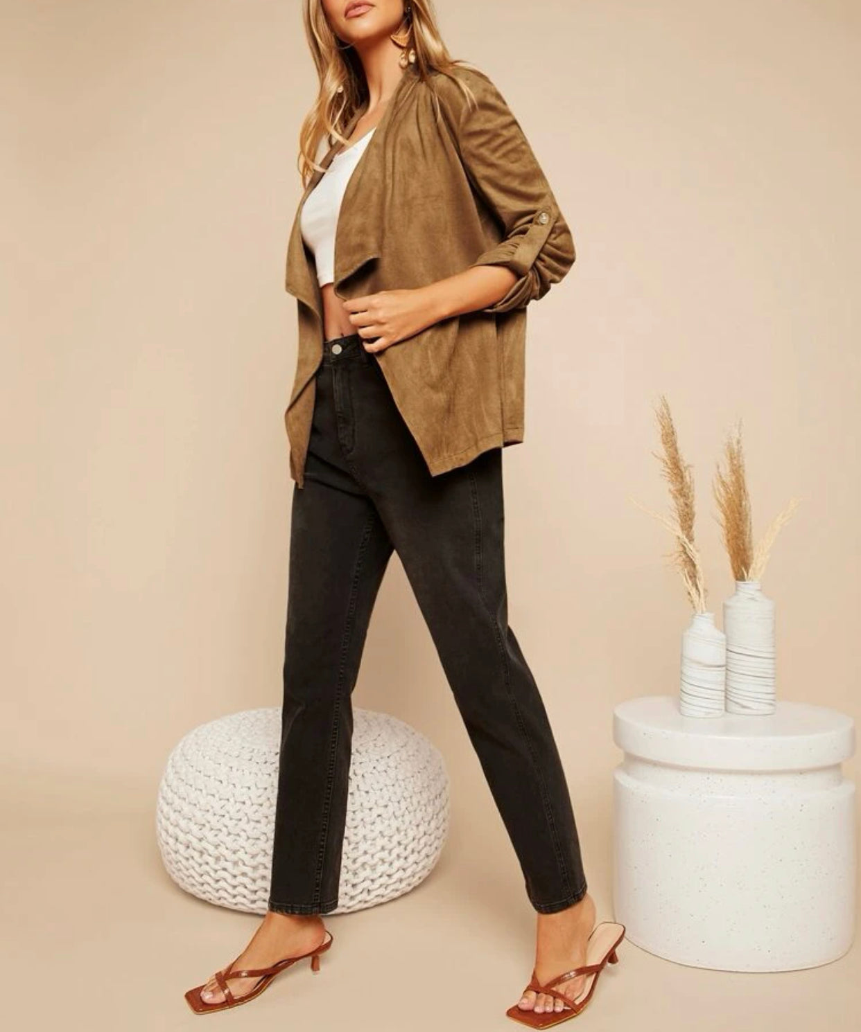 Waterfall collar solid suede coat