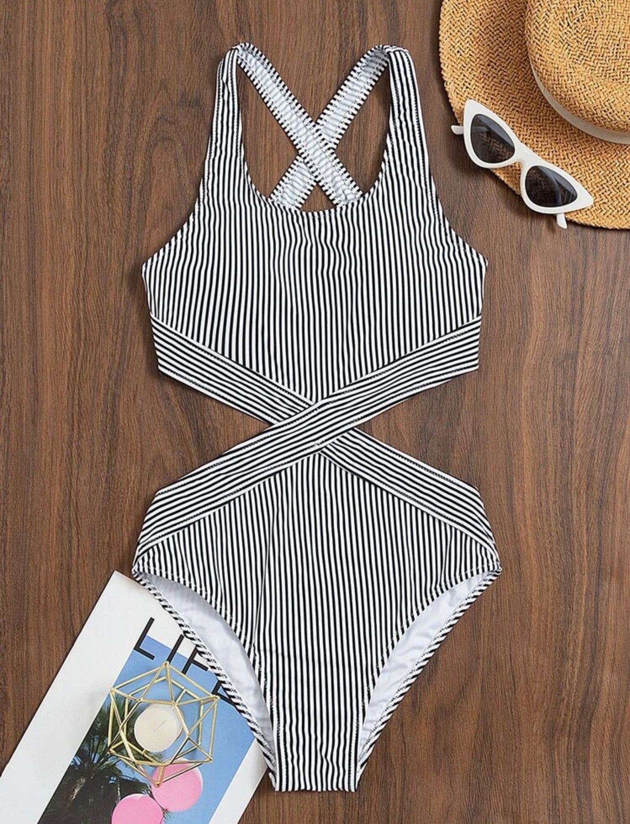 Striped cut out one piece swimsuit