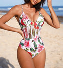 Floral print mesh panel one piece swimsuit