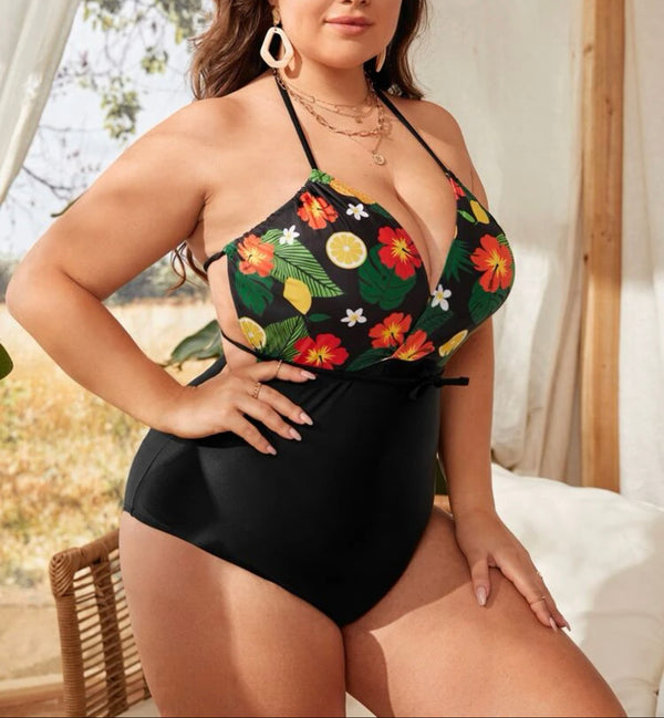 Curve and plus floral print cross back one piece swimsuit