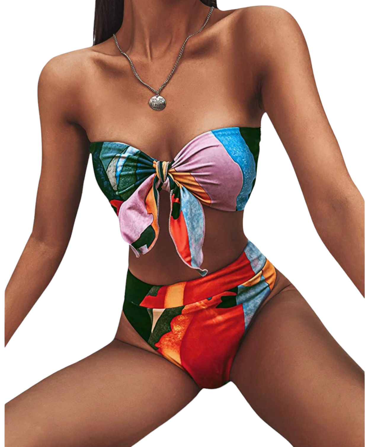 Women's Graphic Swimsuit Tie Front Bandeau and High Waist Panty Bikini Set Bathing Suit. Red (multicolor)