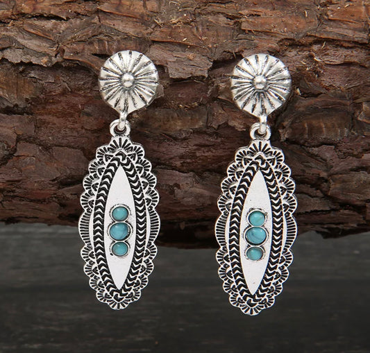 Carved metal turquoise decor drop earrings