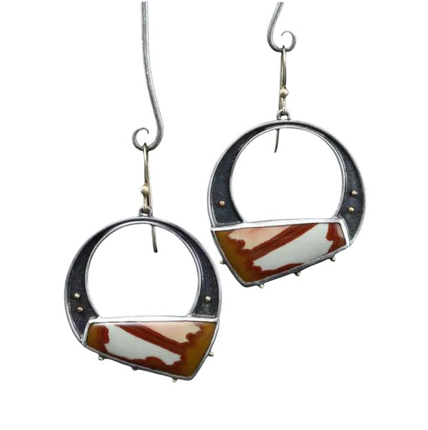 Tribal Geometric Colorful Painting Stone Earrings Vintage Jewelry Hollow Black Metal Antique Two Tone Drop Earrings