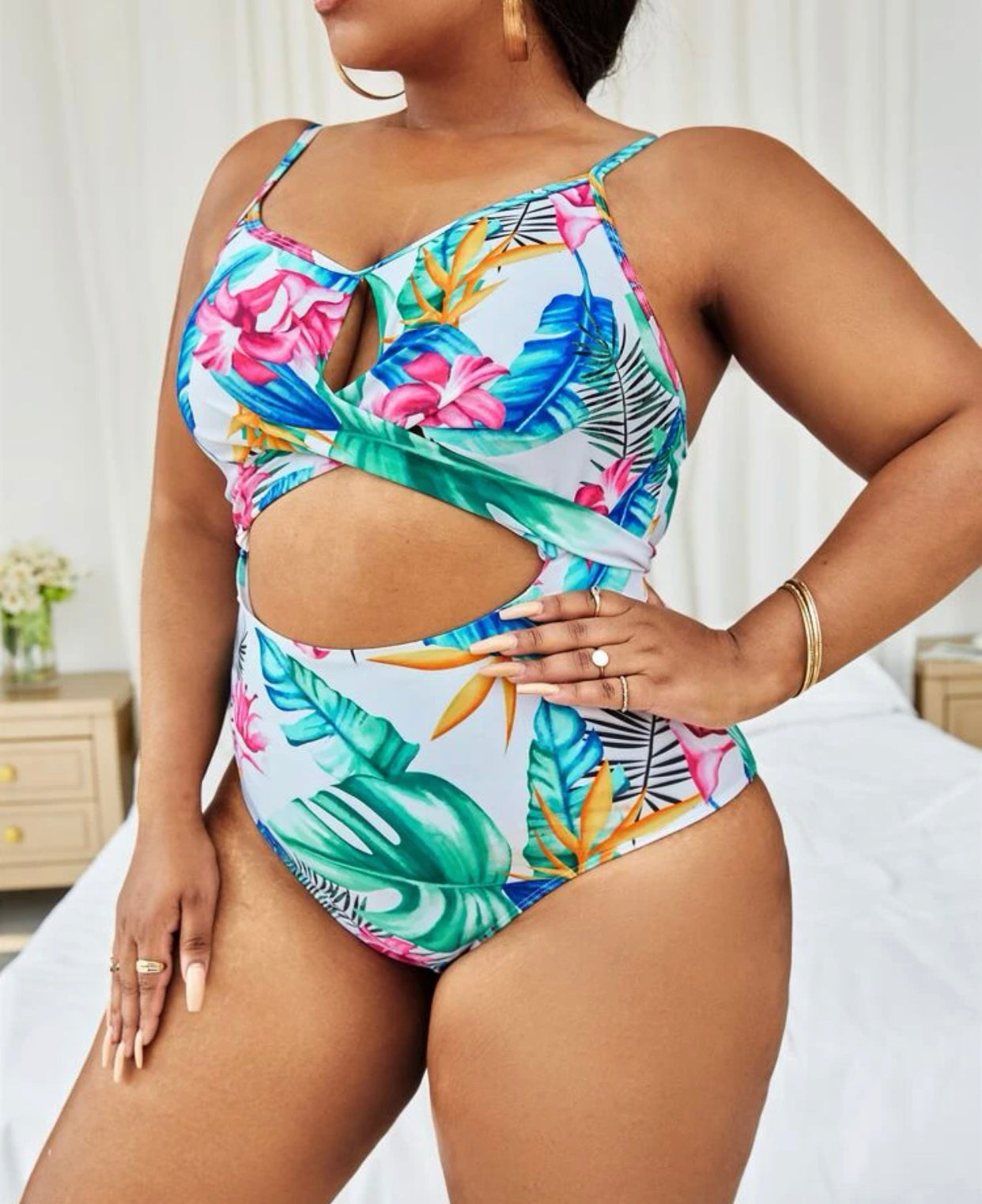 Tropical print cut out twist push up one piece swimsuit
