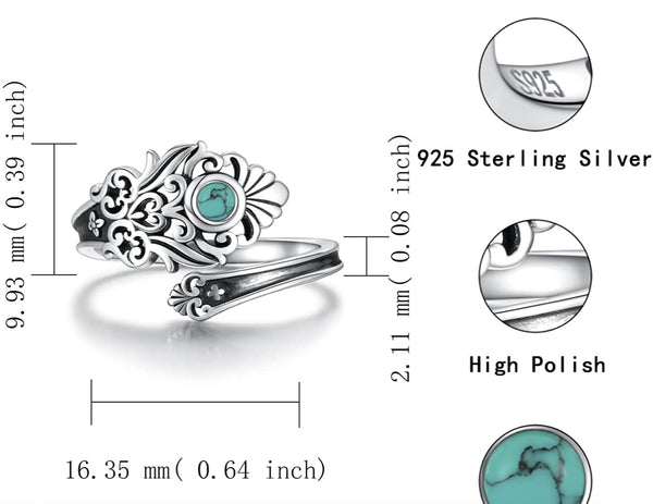 Sterling Silver Turquoise Spoon Ring - S925 Victorian Vintage style adjustable ring.