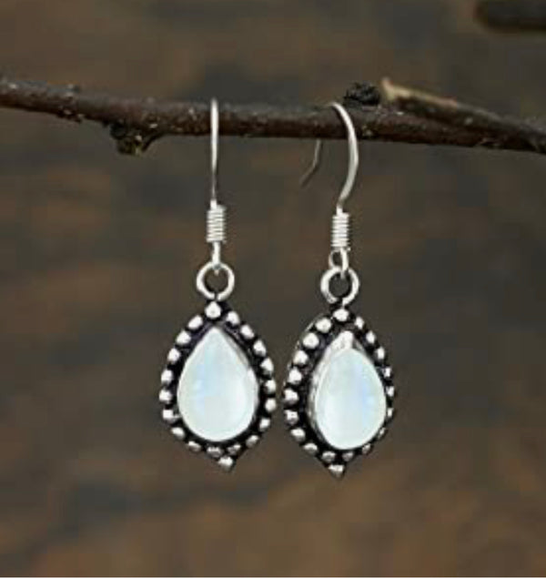 Natural Moonstone Dangle Earrings 7x10mm Pear Gemstones 925 Silver Overlay