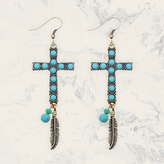 Bohemain Beaded Natural Blue Stone Antique Gold Cross Feather Metal Earrings