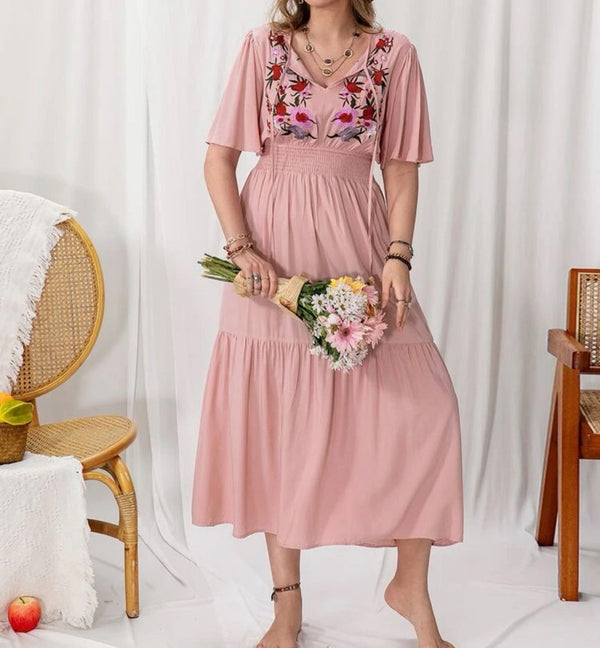 Curve & plus floral embroidered butterfly sleeve shirred waist dress