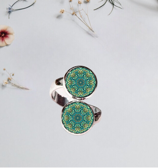 Mandala  Two Ball Ring Handmade Glass Dome Ring. Resizable.