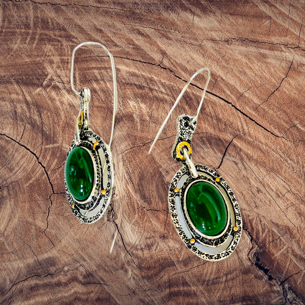 Handmade unique emerald vintage style boho dangle earrings.