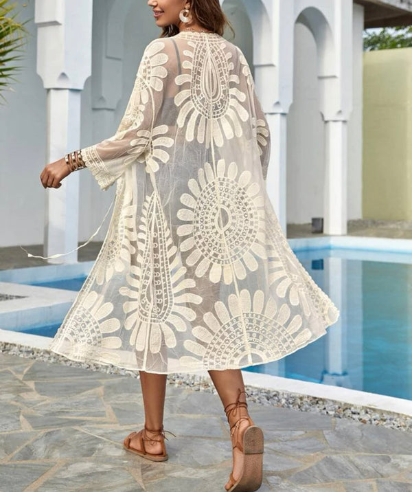 Beige sheer embroidered mesh tie front kimono