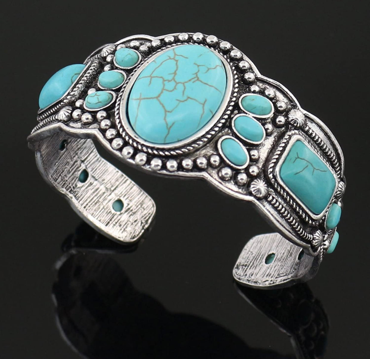 Unisex Antique Rgentium Plated Base Heart Compressed Turquoise Bracelet Cuff