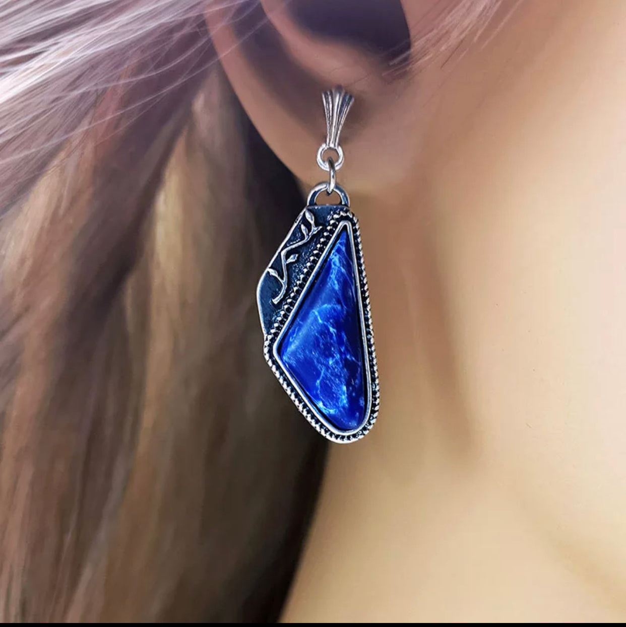 Vintage Triangle Navy Blue Natural Stone Earrings