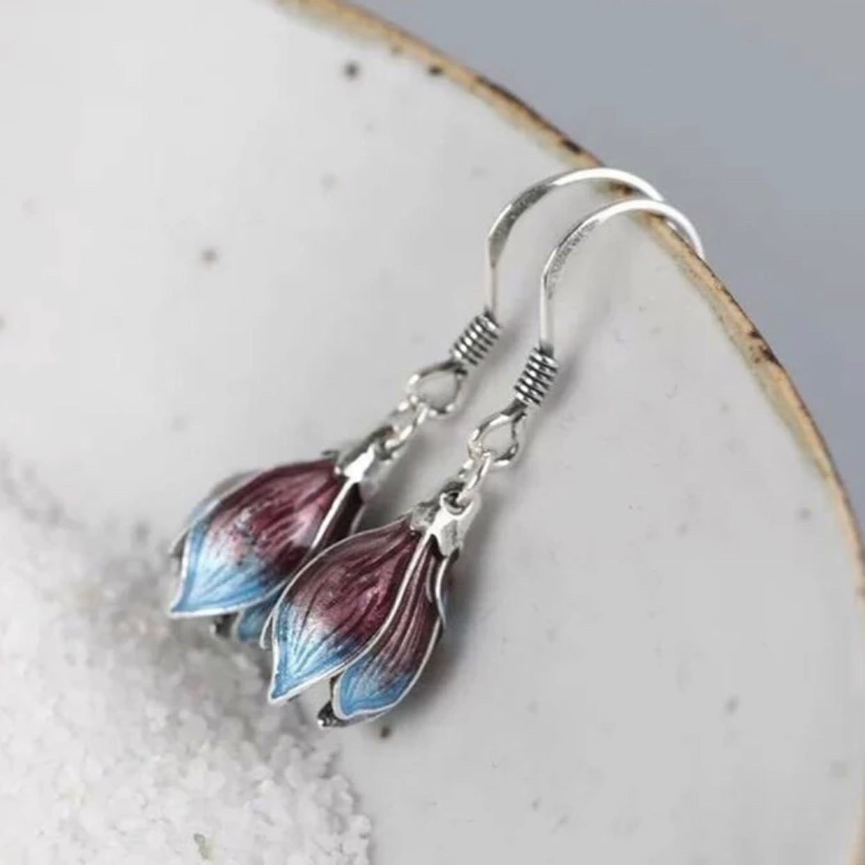 Gradient blue and amber lotus flower dangle earrings