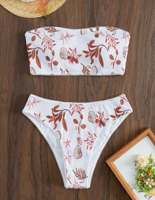 Floral rib bandeau bikini swimsuit