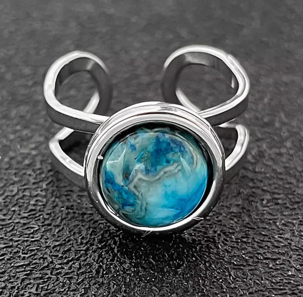 Natural Stone sea blue stainless steel adjustable ring.